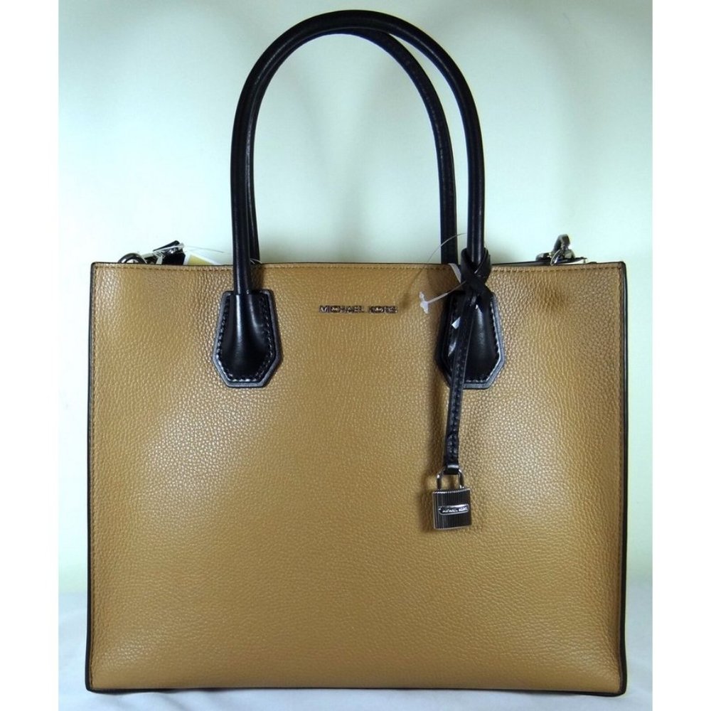 Michael Kors Mercer Large Convertible Black Cashew White Leather Tote Bag
